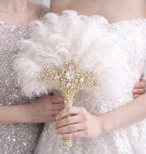 Load image into Gallery viewer, Gold Bridal Fan, Bridal brooch Bouquet, Ostrich alternative large eather Fan, Ivory Gatsby 1920s art deco wedding, 1920's bridal fan gift
