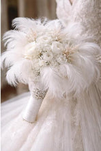Load image into Gallery viewer, Luxury white feather &amp; rose , vintage-glam, couture bridalbouquet
