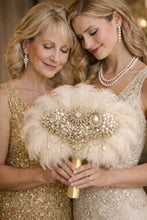 Load image into Gallery viewer, Gold Bridal brooch Bouquet. Ostrich Big Feather Fan Bridal Bouquet white Great Gatsby 1920s Art deco wedding Roaring 1920's bouquet
