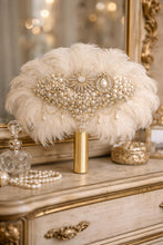 Load image into Gallery viewer, Gold Bridal brooch Bouquet. Ostrich Big Feather Fan Bridal Bouquet white Great Gatsby 1920s Art deco wedding Roaring 1920's bouquet
