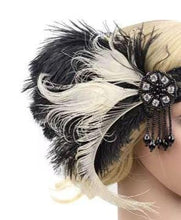 Load image into Gallery viewer, black ivory and Headband, The Great Gatsby Headband 1920s Flapper Feather Headband headpiece Gold, Champagne rhinestone Fascinator Hair Clip
