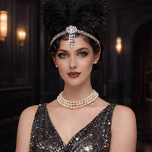 Load image into Gallery viewer, Great Gatsby Headband style , 1920s Flapper Feather Headband headpiece silver rhinestone Fascinator Hairpiece, 1930's hair band ,
