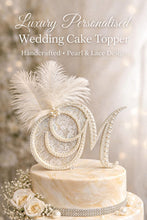 Load image into Gallery viewer, Pearl Monogram Cake Topper: Lace &amp; Feather, Gatsby Style Initial (6")
