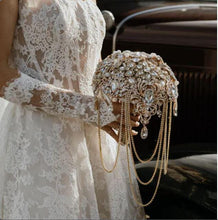Load image into Gallery viewer, Gold Crystal Brooch Bridal Bouquet – Glam Art Deco Cascade, Handmade Luxury Wedding Bouquet
