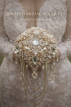 Load image into Gallery viewer, Gold Crystal Brooch Bridal Bouquet – Glam Art Deco Cascade, Handmade Luxury Wedding Bouquet
