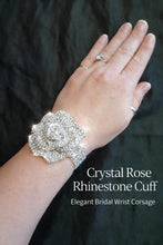 Load image into Gallery viewer, Crystal Rose Wedding Cuff Bracelet – Rhinestone Bridal Wrist Corsage, Sparkly Bridesmaid Cuff, Luxury Wedding Jewellery Gift
