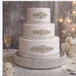 Load image into Gallery viewer, Rhinestone Cake Brooch Set for Wedding Cake, Silver Crystal Cake Bling, 3 Piece Cake Decoration, Bridal Cake Accessories
