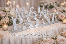 Load image into Gallery viewer, Mr &amp; Mrs PLUS last name Surname 5 LETTERS standing wedding sign, bling name sign, rhinestone Top table table sign
