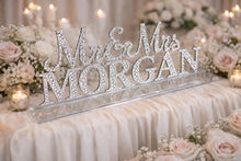 Load image into Gallery viewer, Mr &amp; Mrs PLUS last name Surname 6 LETTERS standing wedding sign, bling name sign, Swarovski Crystal Rhinestone Top table table sign
