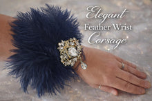 Load image into Gallery viewer, Feather Wrist Corsage: Rhinestone Brooch, 1920s Gatsby Style

