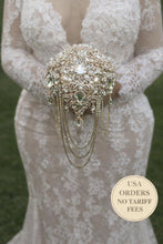 Load image into Gallery viewer, Gold Crystal Brooch Bridal Bouquet – Glam Art Deco Cascade, Handmade Luxury Wedding Bouquet
