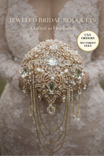 Load image into Gallery viewer, Gold Crystal Brooch Bridal Bouquet – Glam Art Deco Cascade, Handmade Luxury Wedding Bouquet
