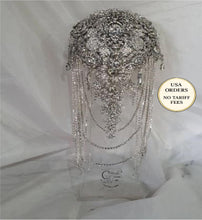 Load image into Gallery viewer, Crystal Brooch Wedding Bouquet: 7" Cascade Jewel Bridal Bouquet
