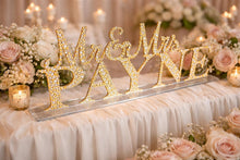 Load image into Gallery viewer, Mr &amp; Mrs PLUS last name Surname 5 LETTERS standing wedding sign, bling name sign, rhinestone Top table table sign
