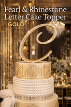 Load image into Gallery viewer, Pearl Rhinestone Letter Cake Topper: Gold Base Monogram Decor (6")
