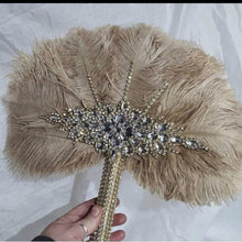 Load image into Gallery viewer, Ostrich Feather Fan Bouquet , Rhinestone Crystal Handle, 1920s Wedding bouquet, Jewel hand fanfor bride
