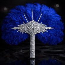 Load image into Gallery viewer, Ostrich Feather Fan Bouquet , Rhinestone Crystal Handle, 1920s Wedding bouquet, Jewel hand fanfor bride
