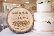 Load image into Gallery viewer, Personalized Engraved Wooden Log Slice, Wedding, Anniversary, New home Plaque , Rustic wedding gift, House Warming Present
