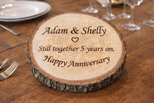 Load image into Gallery viewer, Personalized Engraved Wooden Log Slice, Wedding, Anniversary, New home Plaque , Rustic wedding gift, House Warming Present
