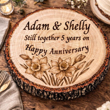 Load image into Gallery viewer, Personalized Engraved Wooden Log Slice, Wedding, Anniversary, New home Plaque , Rustic wedding gift, House Warming Present
