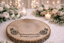 Load image into Gallery viewer, Personalized Wood Slice Cake Stand, Engraved Rustic Wedding stand, Personalised log Engagment Display Board with Sunflowers &amp; Bees
