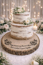 Load image into Gallery viewer, Personalized Wood Slice Cake Stand, Engraved Rustic Wedding stand, Personalised log Engagment Display Board with Sunflowers &amp; Bees
