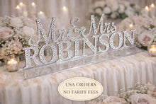 Load image into Gallery viewer, Mr &amp; Mrs PLUS last name Surname 8 LETTERS standing wedding sign, bling name sign, rhinestone Swarovski Crystal Top table table sign
