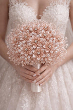 Load image into Gallery viewer, Rose Gold Crystal Bridal Bouquet, Luxury Wedding Bouquet, Metallic Bridal Flowers, Rhinestone Pearl Wedding Bouquet, Glam Bride Accessories
