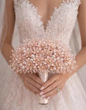 Load image into Gallery viewer, Rose Gold Crystal Bridal Bouquet, Luxury Wedding Bouquet, Metallic Bridal Flowers, Rhinestone Pearl Wedding Bouquet, Glam Bride Accessories
