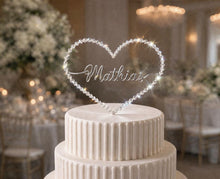 Load image into Gallery viewer, Personalised Wire Wedding Cake Topper Custom Surname , 6" Crystal Heart Wedding Decor
