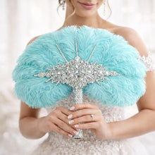 Load image into Gallery viewer, Ostrich Feather Fan Bouquet , Rhinestone Crystal Handle, 1920s Wedding bouquet, Jewel hand fanfor bride
