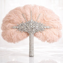 Load image into Gallery viewer, Ostrich Feather Fan Bouquet , Rhinestone Crystal Handle, 1920s Wedding bouquet, Jewel hand fanfor bride
