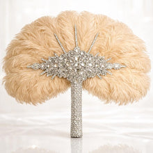 Load image into Gallery viewer, Ostrich Feather Fan Bouquet , Rhinestone Crystal Handle, 1920s Wedding bouquet, Jewel hand fanfor bride
