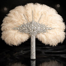 Load image into Gallery viewer, Ostrich Feather Fan Bouquet , Rhinestone Crystal Handle, 1920s Wedding bouquet, Jewel hand fanfor bride
