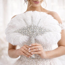 Load image into Gallery viewer, Ostrich Feather Fan Bouquet , Rhinestone Crystal Handle, 1920s Wedding bouquet, Jewel hand fanfor bride
