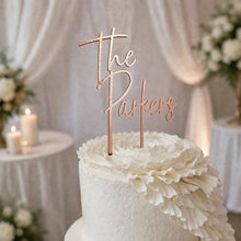 Load image into Gallery viewer, Personalised Cake Topper, Custom Surname Topper, Rustic Wood Last Name topper, Wooden Cake Decoration, Bride and Groom Cake Topper

