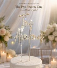 Load image into Gallery viewer, Personalized Crystal Wedding Cake Topper: Gold Rhinestone ' THE' - your Surname, Last name topper
