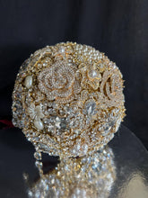 Load image into Gallery viewer, Gold brooch bouquet. Luxury Crystal pearl &amp; Brooch Bridal Bouquet

