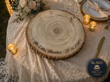 Load image into Gallery viewer, Personalised log Slice Cake Stand, Engraved Rustic wooden Wedding Display stand, Personalized Engraved tree slice, Engagement Dessert Board
