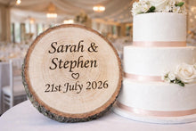 Load image into Gallery viewer, Personalized Engraved Wooden Log Slice, Wedding, Anniversary, New home Plaque , Rustic wedding gift, House Warming Present
