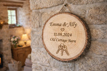 Load image into Gallery viewer, Personalized Engraved Wooden Log Slice, Wedding, Anniversary, New home Plaque , Rustic wedding gift, House Warming Present
