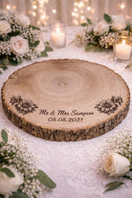 Load image into Gallery viewer, Personalized Wood Slice Cake Stand, Engraved Rustic Wedding stand, Personalised log Engagment Display Board with Sunflowers &amp; Bees
