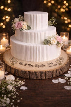 Load image into Gallery viewer, Personalized Wood Slice Cake Stand, Engraved Rustic Wedding Display stand, Personalised Engraved log Slice with Daffodils
