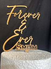 Load image into Gallery viewer, Rustic Cake Stand &amp; Topper Set, Boho Wedding, Wooden topper and Wood Slice Custom Last name Personalised Surname
