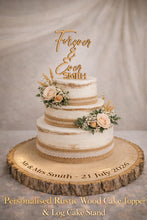 Load image into Gallery viewer, Rustic Cake Stand &amp; Topper Set, Boho Wedding, Wooden topper and Wood Slice Custom Last name Personalised Surname
