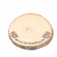 Load image into Gallery viewer, Personalized Wood Slice Cake Stand, Engraved Rustic Wedding Display stand, Personalised Engraved log, Engagment Dessert plate with Roses
