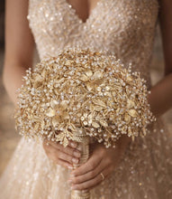 Load image into Gallery viewer, Champagne Bridal Bouquet Gold Wedding Bouquet Luxury Keepsake Flower Bouquet Pearl Bride Bouquet Gatsby 1920's style
