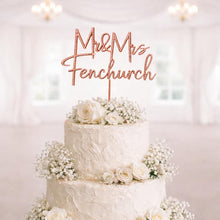 Load image into Gallery viewer, Gold Wedding cake topper, Personalized cake topper, Rustic wedding cake topper, Custom Mr Mrs topper, Anniversary Cake toppers, Wood topper
