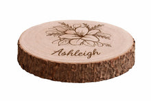 Load image into Gallery viewer, Personalized Wood Slice Cake Stand, Engraved Rustic Wedding Engagment Display stand, Personalised Engraved log Slice with Lillies
