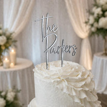 Load image into Gallery viewer, Personalised Cake Topper, Custom Surname Topper, Rustic Wood Last Name topper, Wooden Cake Decoration, Bride and Groom Cake Topper
